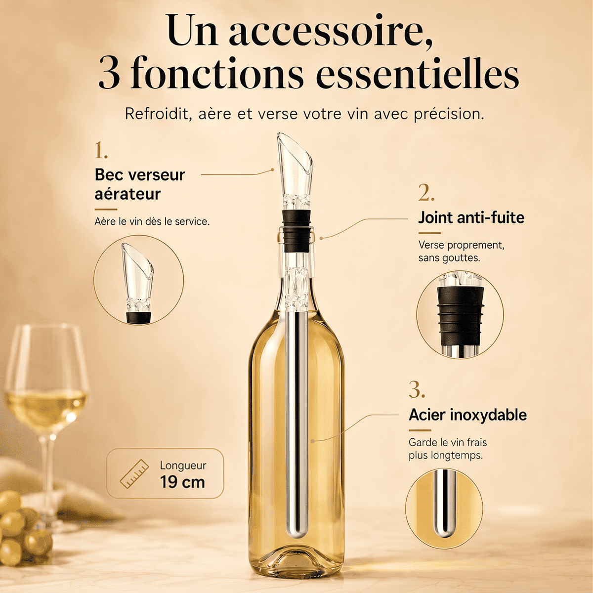 Rafraîchisseur à Vin 3-en-1 | Vin frais & service sans gouttes