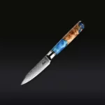 Couteau d’office japonais Maison Aoki en acier damas VG10 avec manche en bois et résine bleutée