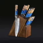 Set de couteaux japonais en acier Damas VG10 avec manches en résine bleutée et bloc en bois – Maison Aoki™ Collection Tsunami